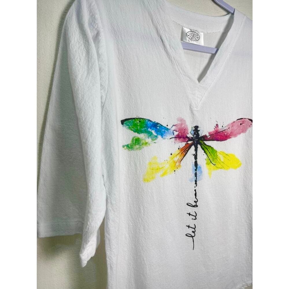 Cotton Made Casual Dragonfly Watercolor “Let It Be” V-Neck White Top Size Small - Picture 3 of 8